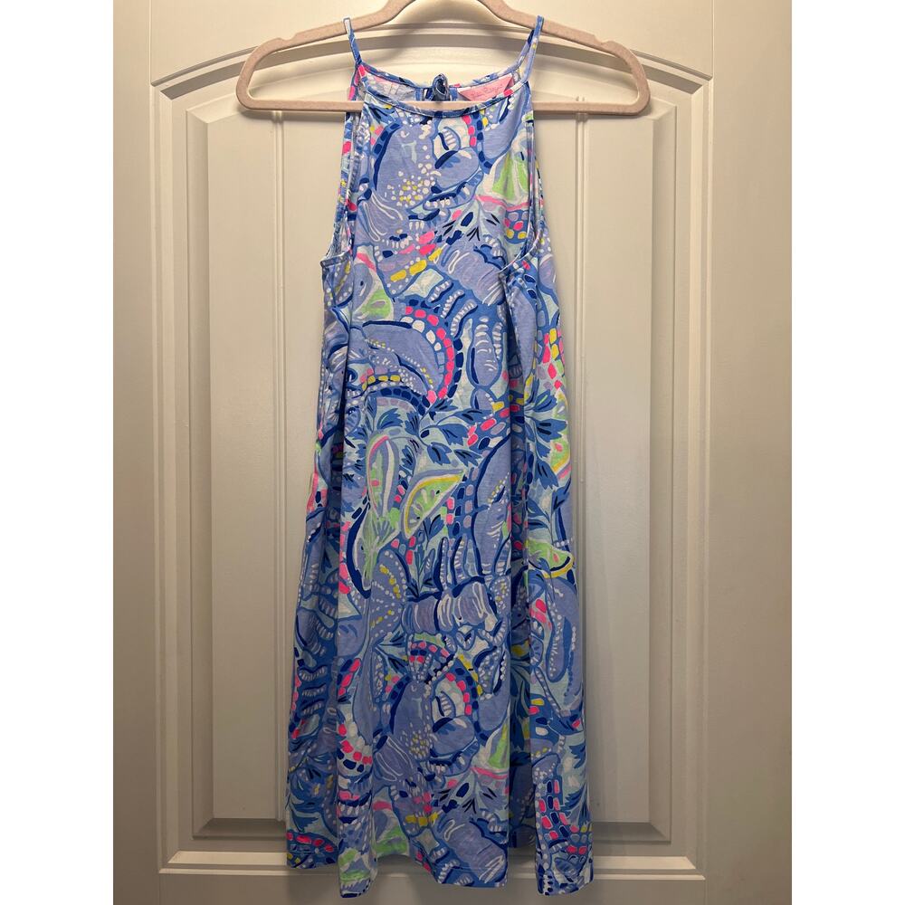 Lilly Pulitzer Women’s Margot Swing Dress Size 2 Blue Pinch Tasseled Halter Boho - Picture 2 of 6